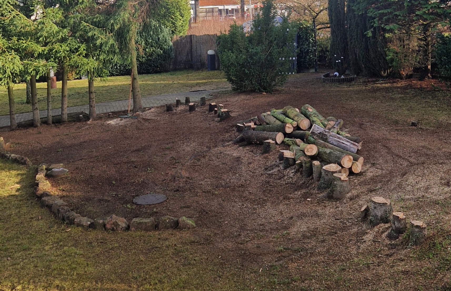 Garten mit Baumstümpfen und einem Stapel abgeschnittener Baumstämme auf einem freien Erdflächenbereich.